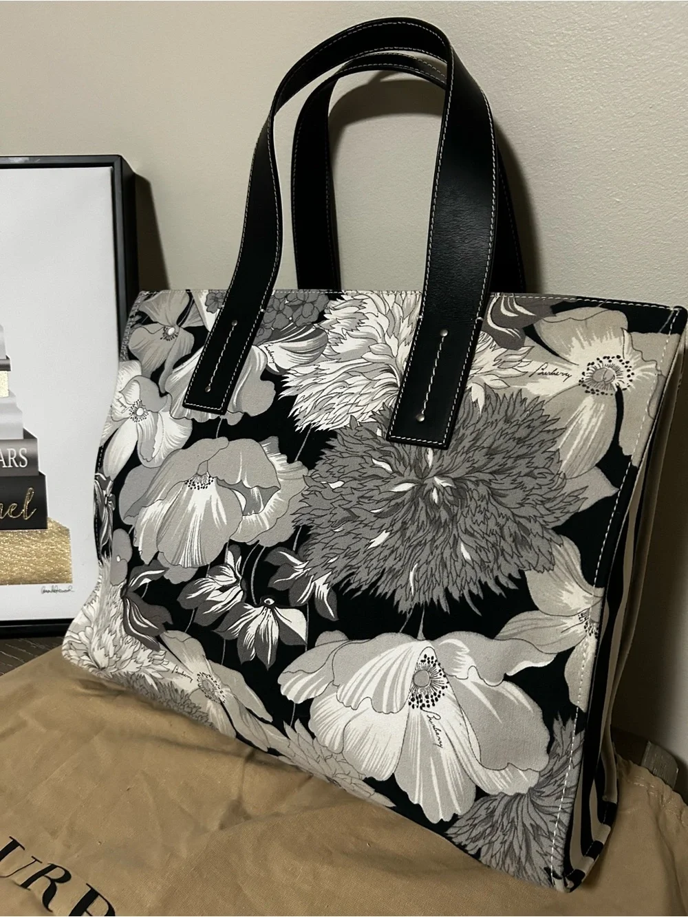 Burberry London Y2K Vintage Leather Trimmed Floral Canvas Tote With Pouch